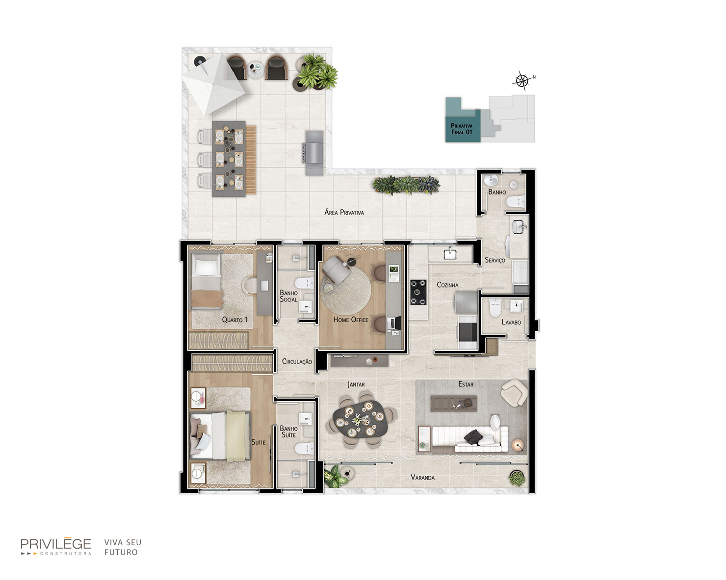 Apartamento garden com 3 quartos e cozinha fechada – final 01