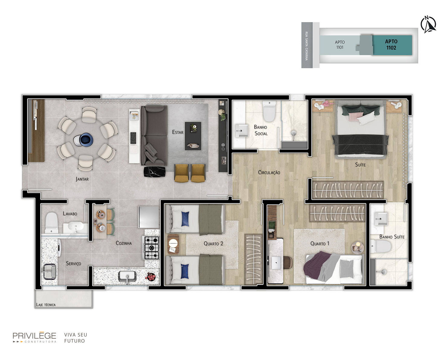 Apartamento 3 quartos com cozinha integrada – 1102