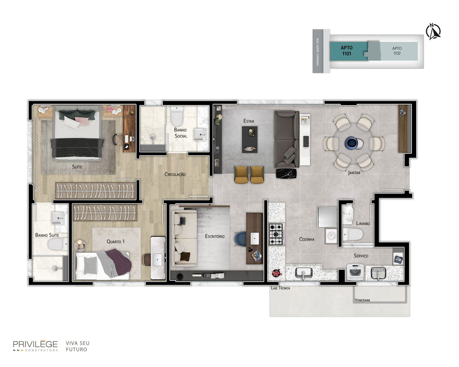 Apartamento 3 quartos com opção de home office- 1101