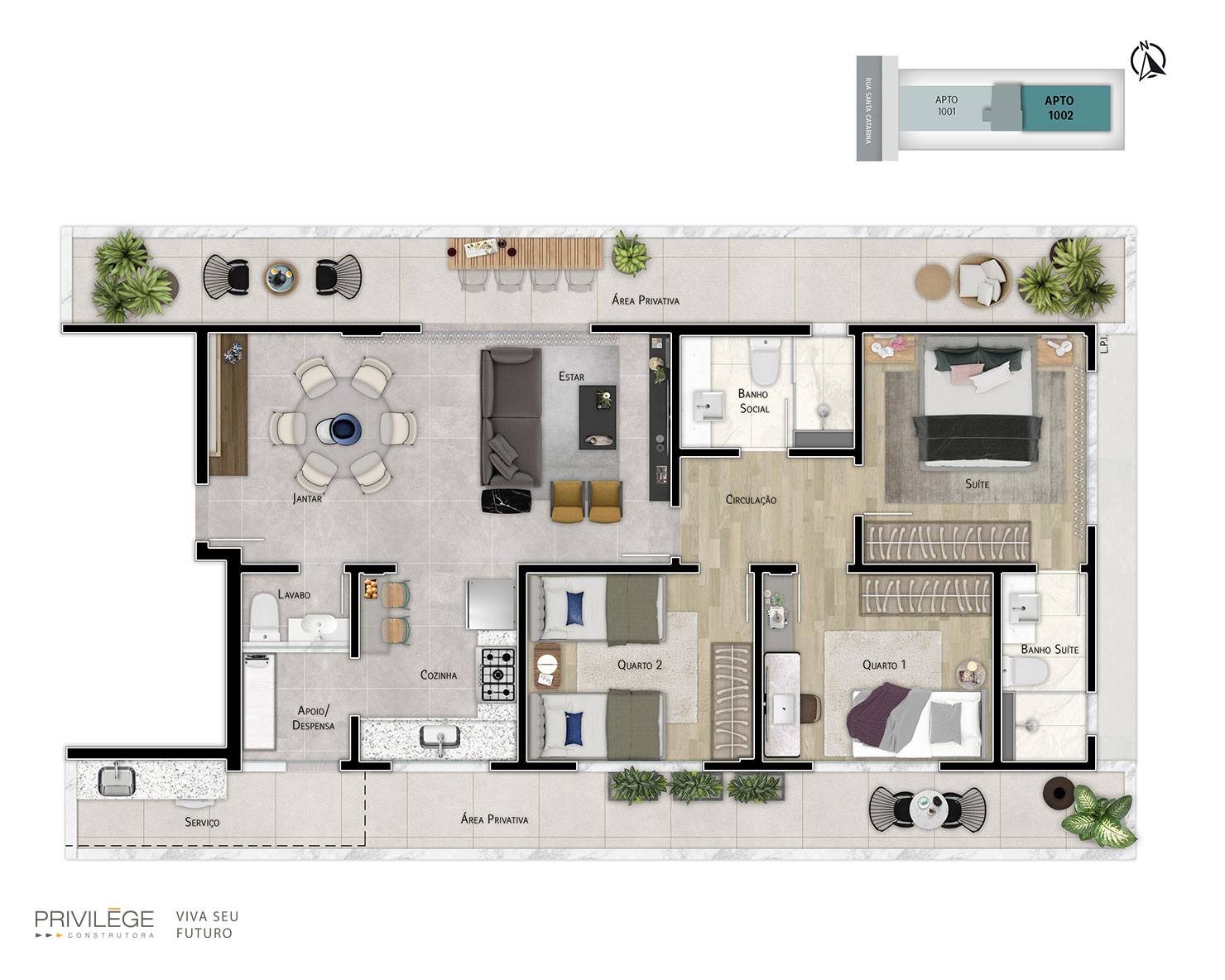 Apartamento terrace 3 quartos com cozinha integrada – 1002